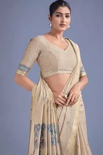 Beige & blue woven butti pattern cotton silk blend saree