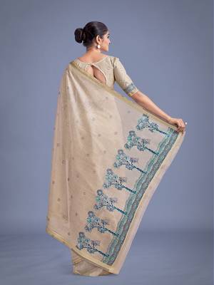 Beige & blue woven butti pattern cotton silk blend saree 4
