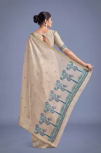 Beige & blue woven butti pattern cotton silk blend saree