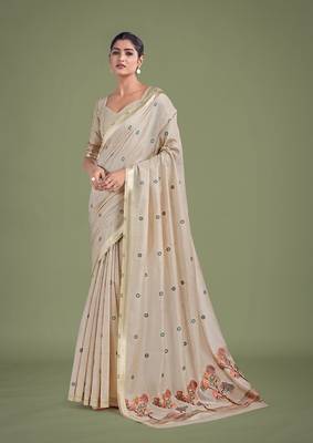 Beige & maroon woven butti pattern cotton silk blend saree 1