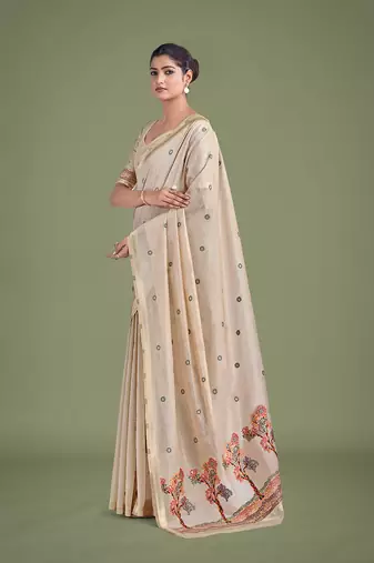Beige & maroon woven butti pattern cotton silk blend saree