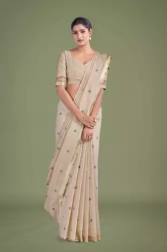 Beige & maroon woven butti pattern cotton silk blend saree
