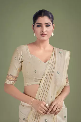 Beige & maroon woven butti pattern cotton silk blend saree