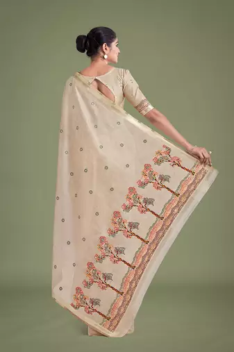 Beige & maroon woven butti pattern cotton silk blend saree
