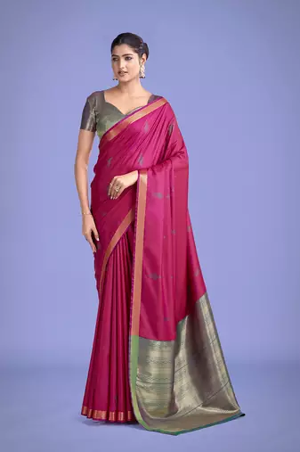 Charming rani pink color silk golden zari woven ceremony saree