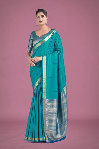 Charming turquoise color silk golden zari woven ceremony saree