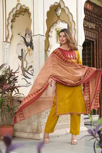Cotton cambric  straight  printed kurti-pant-dupatta  set