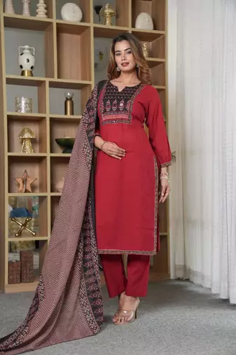 Cotton cambric  straight  printed kurti-pant-dupatta  set