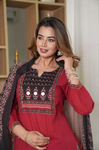 Cotton cambric  straight  printed kurti-pant-dupatta  set