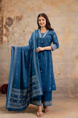Cotton cambric semi-anarkali printed kurti-pant-dupatta  set 2