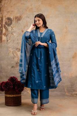 Cotton cambric semi-anarkali printed kurti-pant-dupatta  set 1