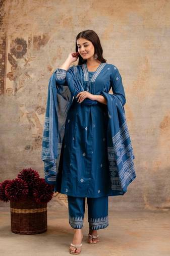 Cotton cambric semi-anarkali printed kurti-pant-dupatta  set