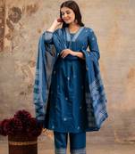 Cotton cambric semi-anarkali printed kurti-pant-dupatta  set