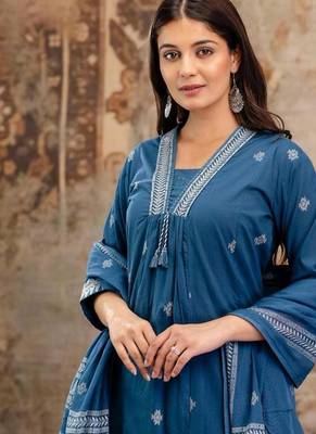 Cotton cambric semi-anarkali printed kurti-pant-dupatta  set 3