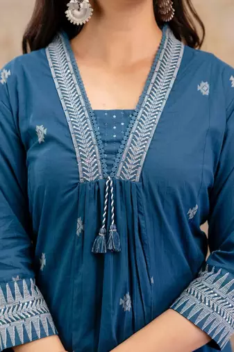 Cotton cambric semi-anarkali printed kurti-pant-dupatta  set