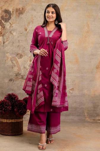 Cotton cambric semi-anarkali printed kurti-pant-dupatta  set