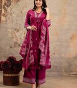Cotton cambric semi-anarkali printed kurti-pant-dupatta  set