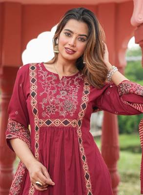 Cotton cambric a-line kurti-pant-dupatta  set 1