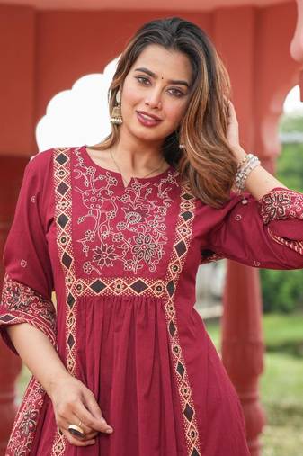 Cotton cambric a-line kurti-pant-dupatta  set