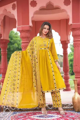 Cotton cambric a-line kurti-pant-dupatta  set