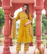 Cotton cambric a-line kurti-pant-dupatta  set