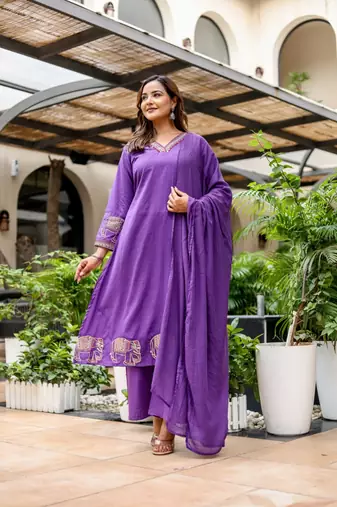 Silly cotton semi-anarkali printed kurti-pant-dupatta  set