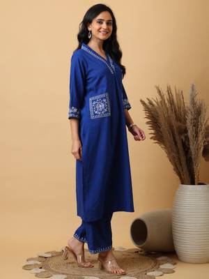 plus size royal blue cotton embroidered kurta with palazzo set 1
