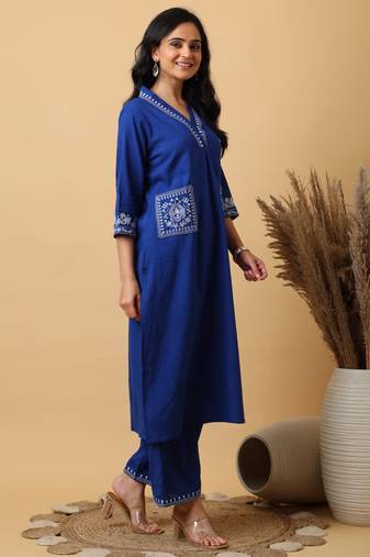 Royal Blue cotton embroidered kurta with palazzo set