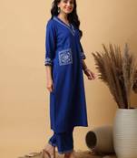 plus size royal blue cotton embroidered kurta with palazzo set