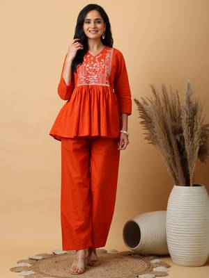 Orange Cotton embroidered kurta with palazzo set 1