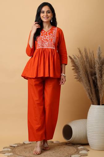 Orange Cotton embroidered kurta with palazzo set