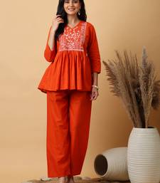 Orange Cotton embroidered kurta with palazzo set