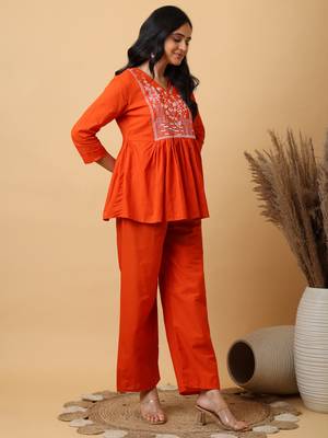 Orange Cotton embroidered kurta with palazzo set 2