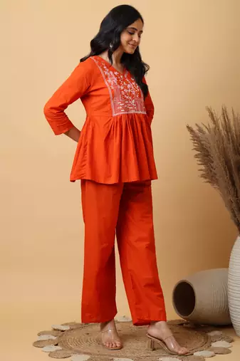 Orange Cotton embroidered kurta with palazzo set