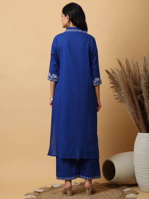 plus size royal blue cotton embroidered kurta with palazzo set 2