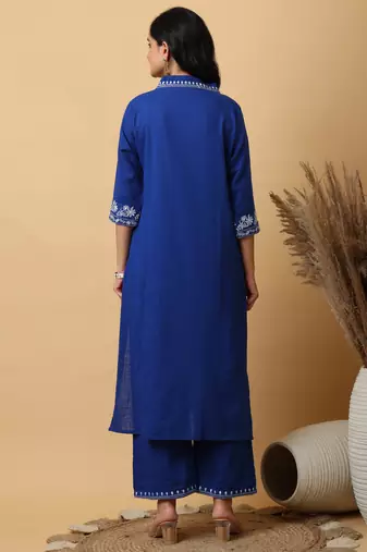 plus size royal blue cotton embroidered kurta with palazzo set