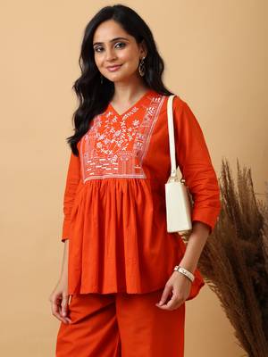 Orange Cotton embroidered kurta with palazzo set 3