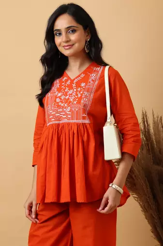 Orange Cotton embroidered kurta with palazzo set