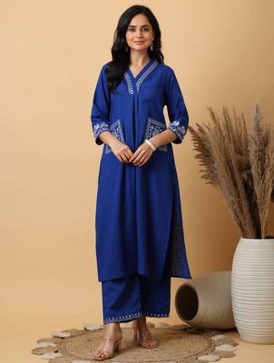 plus size royal blue cotton embroidered kurta with palazzo set 3