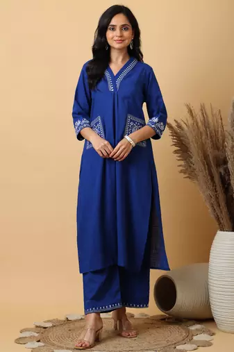 plus size royal blue cotton embroidered kurta with palazzo set
