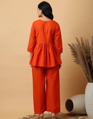 Orange Cotton embroidered kurta with palazzo set 4