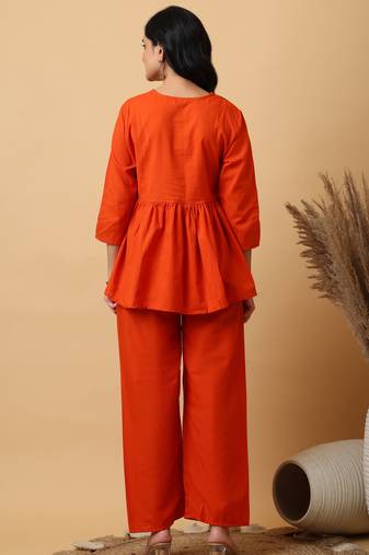 Orange Cotton embroidered kurta with palazzo set