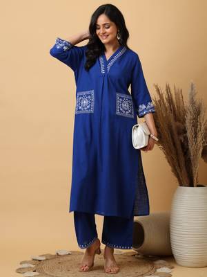 plus size royal blue cotton embroidered kurta with palazzo set 4