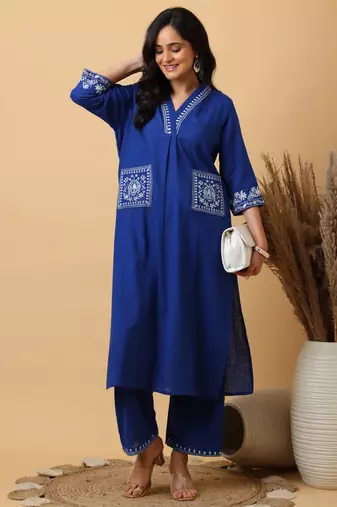 plus size royal blue cotton embroidered kurta with palazzo set