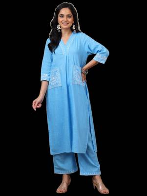 Sky Blue cotton embroidered kurta with palazzo set 1