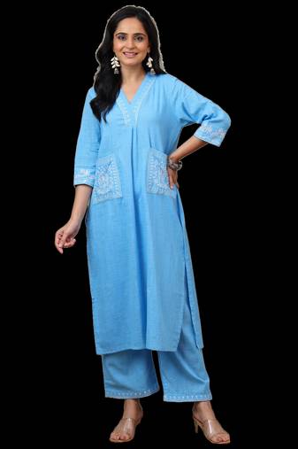 Sky Blue cotton embroidered kurta with palazzo set