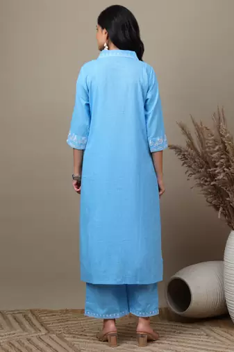 Sky Blue cotton embroidered kurta with palazzo set