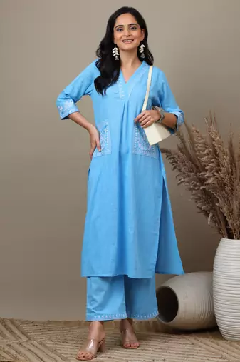 Sky Blue cotton embroidered kurta with palazzo set