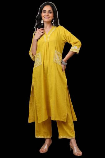 Yewllo cotton embroidered kurta with palazzo set 