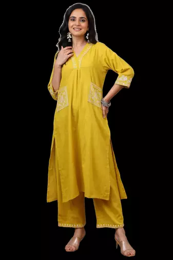 Yewllo cotton embroidered kurta with palazzo set 